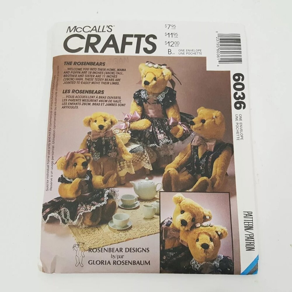 McCall's 6036 Jointed Bear Family Dolls with Clothes: The Rosenbears